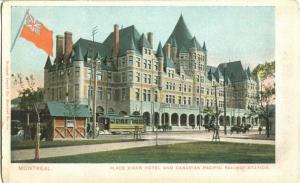 Vintage Retro Montreal | Vintage postcard of tram and horse-drawn carriages in front of Montreal's Place Viger Hotel and Canadian Pacific Railway Station | Red ensign