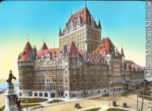 QUEBEC SURNAMES: Proulx + Fournier, Pinel, Sebile | LOCATIONS: Quebec, Blois (France) | Vintage postcard of Quebec City's Chateau Frontenac